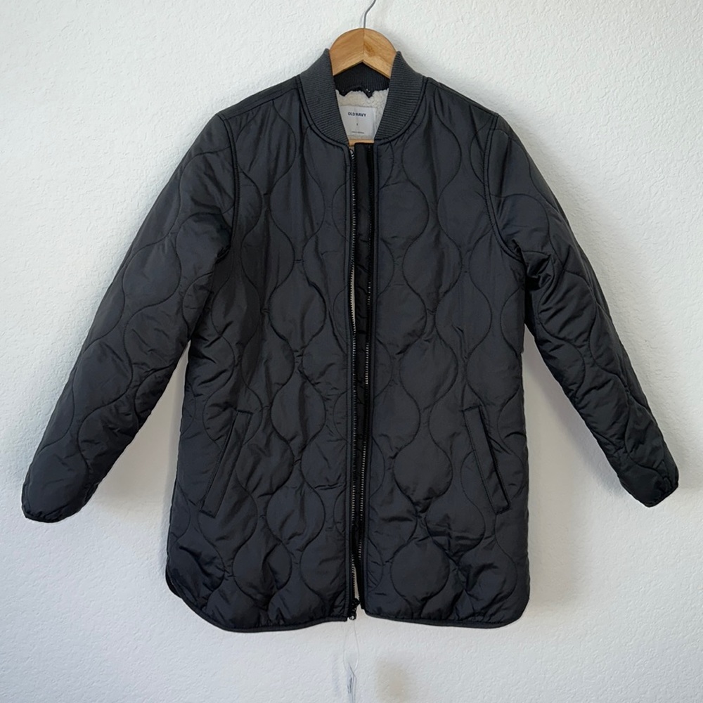 Old Navy Quilted Long Bomber Jacket Zip Panther Sherpa S